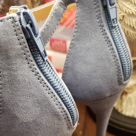 Lora Sueded Denim T-Strap Peep Toe Heels - Picture 9 of 9